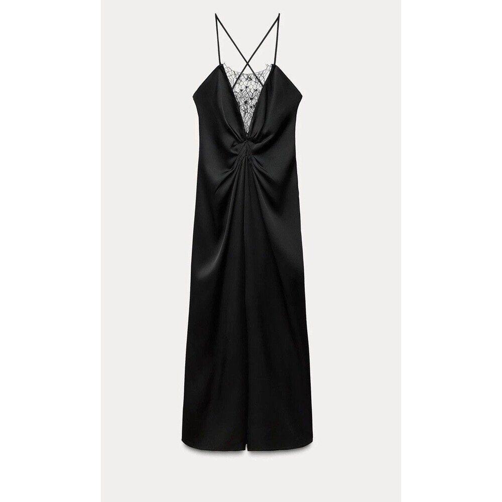 Zara Long Lace Lingerie Style Dress Black Midi ZW Collection X-Large 1223/260